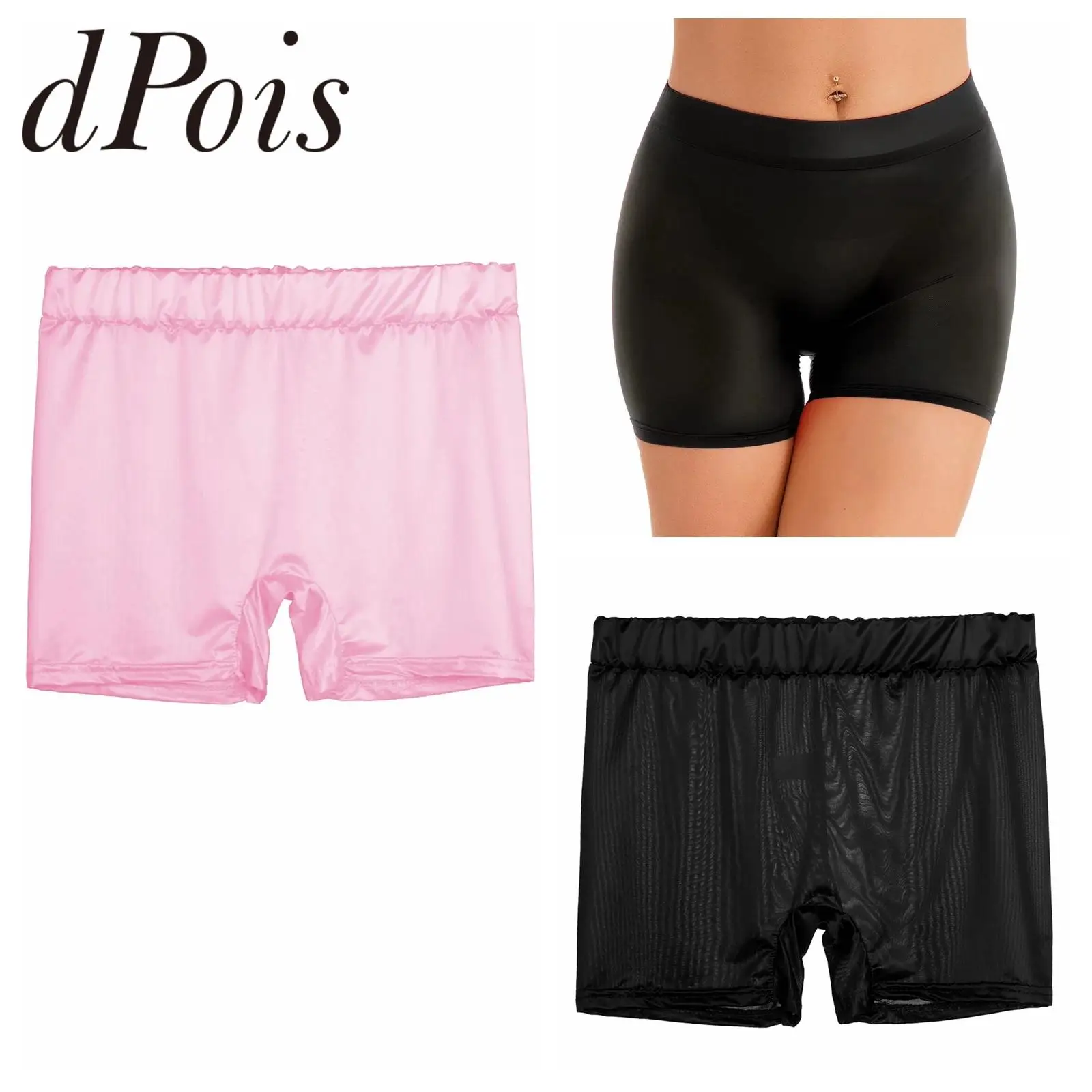 Femme Yoga Shorts Women Boyshort Swimwear Semi See-through Shorts Glossy Stretchy Low Rise Short Pants Underwear Sports Bottoms