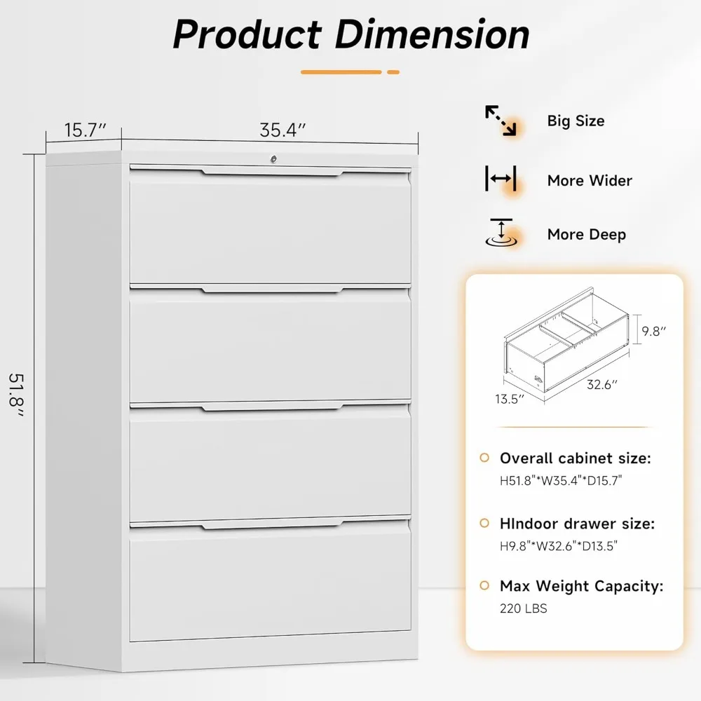 Lateral Metal File Cabinet with Lock, 4-Drawer Office Storage for Home, Secure Filing System, Fits Standard Folders, Durable Lat