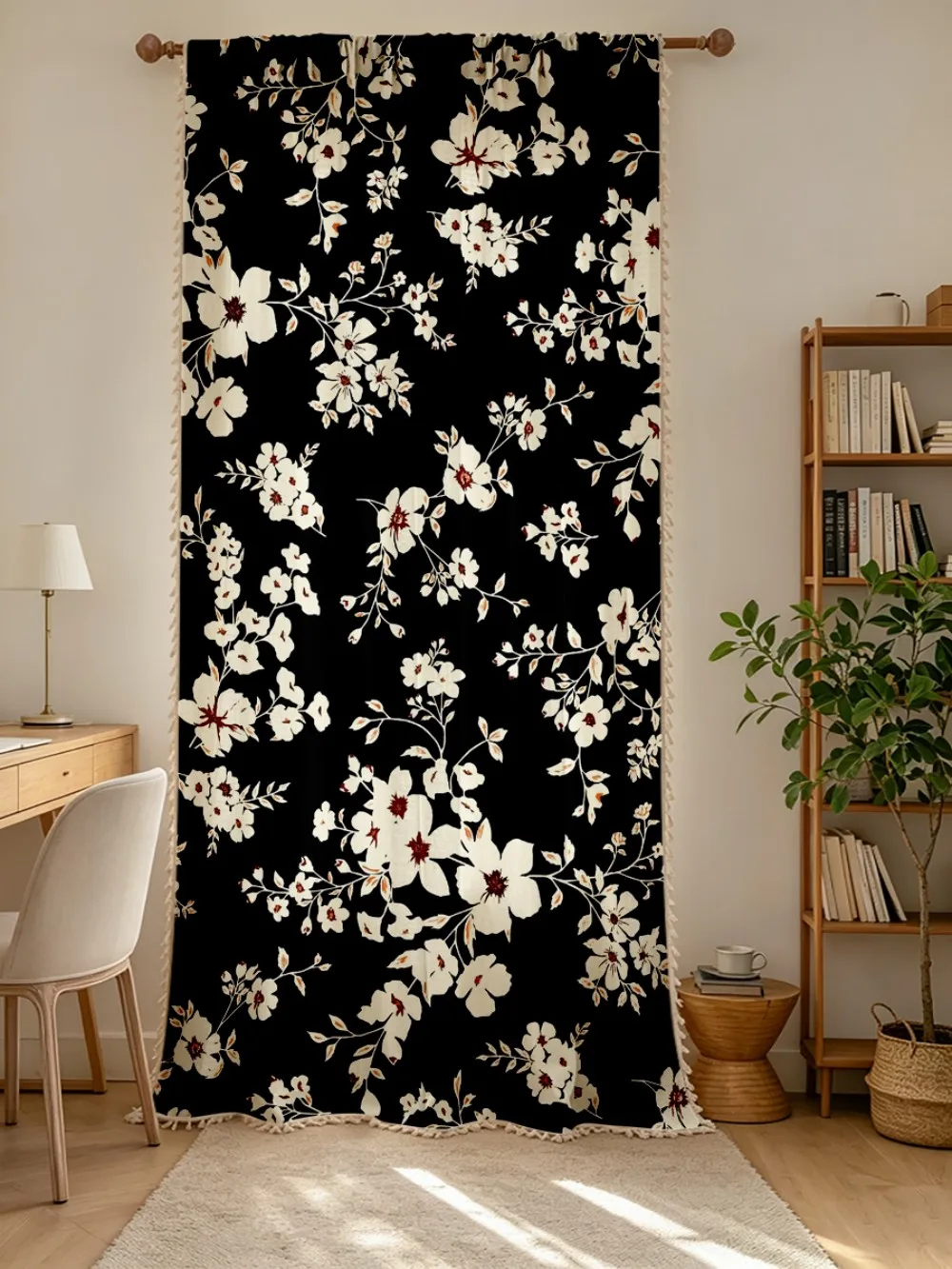 1PC Floral Tassel Sheer Curtains, Black White Floral, Digital Print, Linen Polyester, Bedroom Living Room, Home Decoration