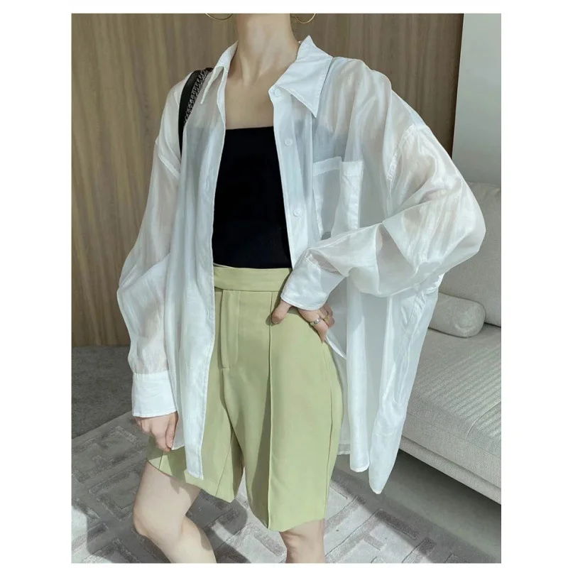 summertime white Tencel Sun Protection Shirts Female New Loose Light Shirts French Chiffon Blouse Women's Clothing