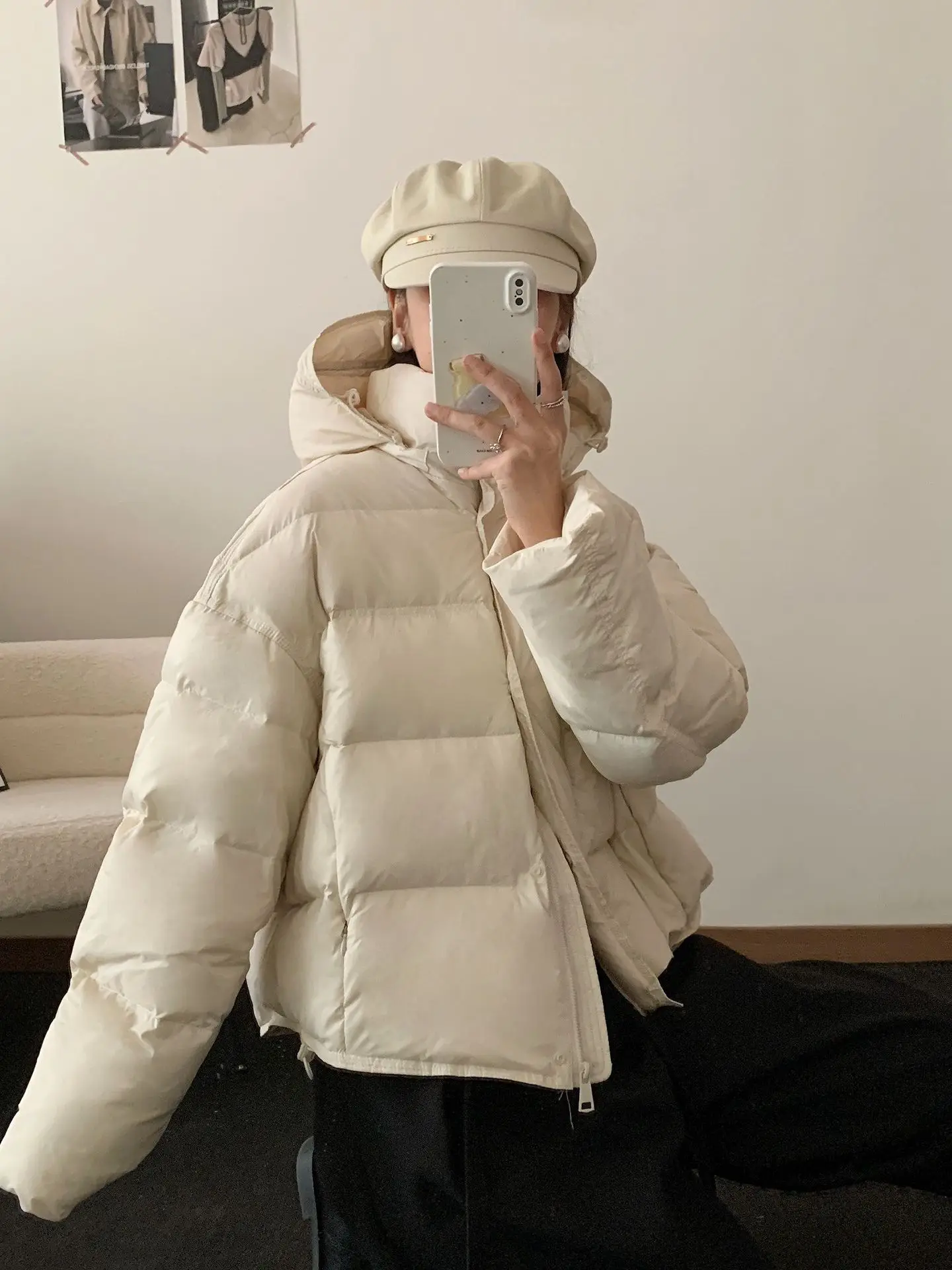 Korean Cropped Hooded Down Jacket for Women Winter Thickened White Duck Down Coats Woman Solid Color All Match Puffer Jackets