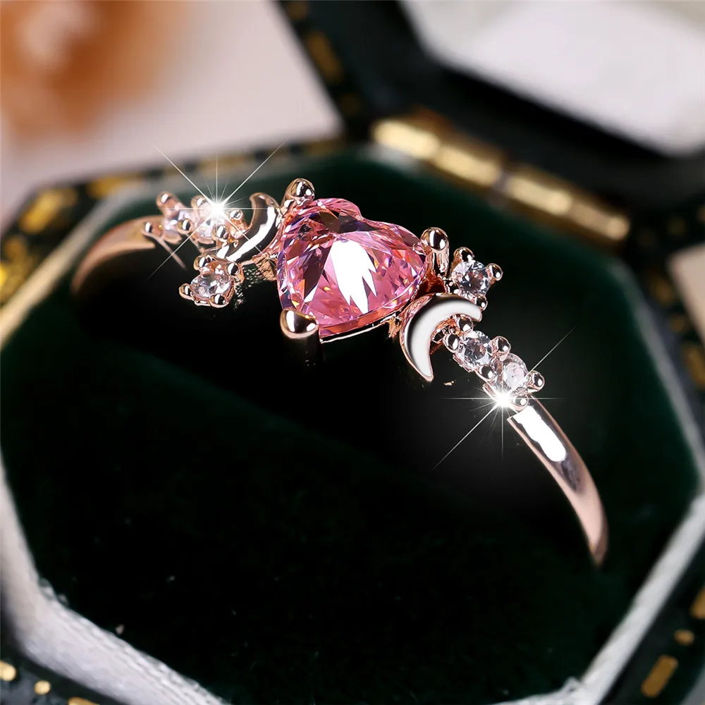 Female Cute Small Moon Ring Elegant Pink Crystal Heart Stone Rings For Women Vintage Rose Gold Color Wedding Band Bridal Jewelry