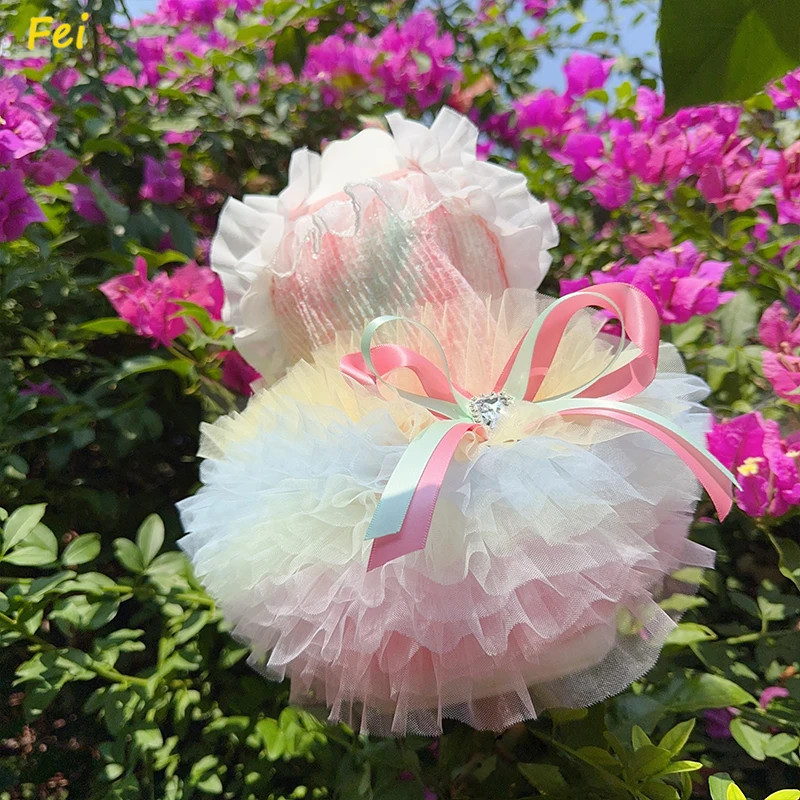 

Summer Pink Green Fashion Puppy Dog Skirt Handmade Roseflower Lace Bow Sling Princess Dress For Small Medium Dog Pet Dog Clothes