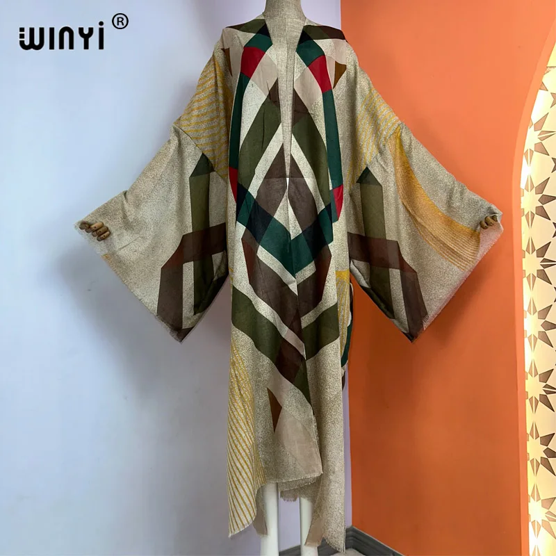 Winyi Kimono Zomer Boho Print Kaftans Strand Badmode 2023 Elegant Vest Sexy Vakantie Maxi Strandkleding Badpak Avondjurk