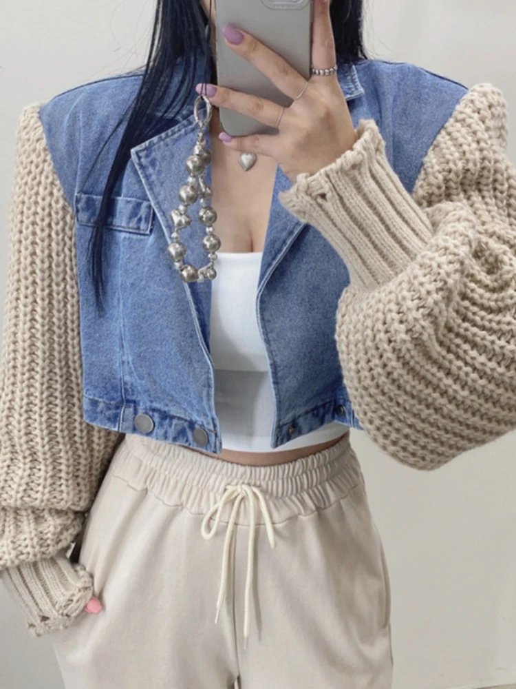 Autumn Long Sleeve Knited Spliced Denim Jacket Women Lapel Loose Fashion Short Jacket Coat  Winter New Clothes X656