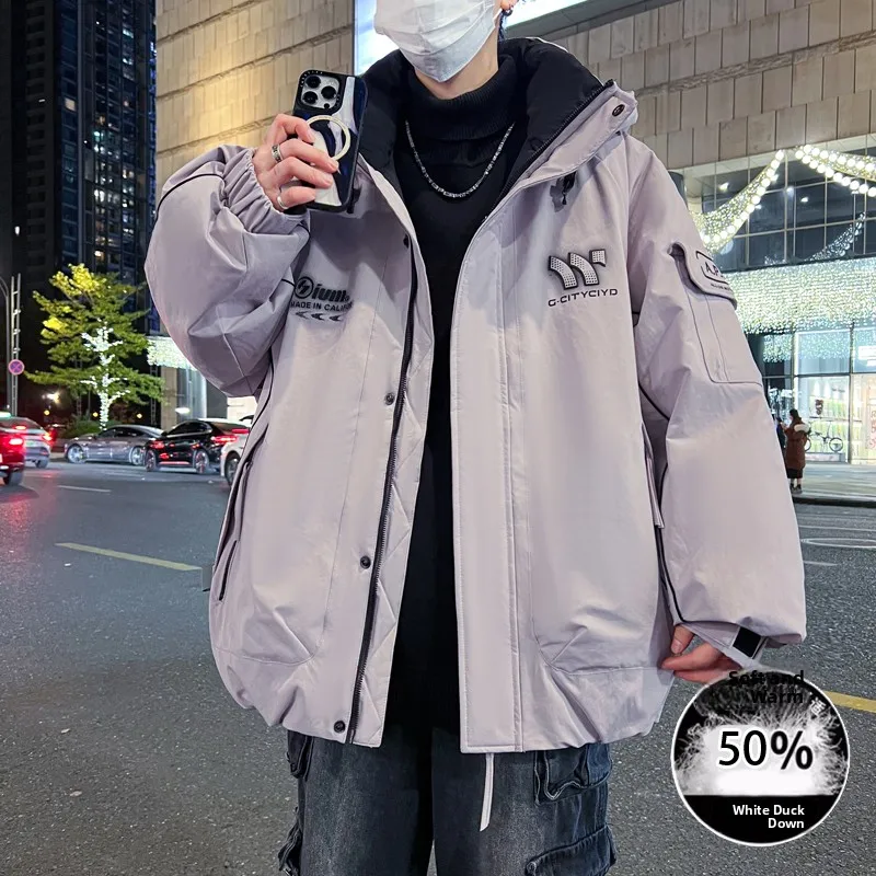 

Men's Hooded down Jaet 2026 New White Du Feather Warm Outerwear Trendy American Sle Casual Workwear Cold Proof Top