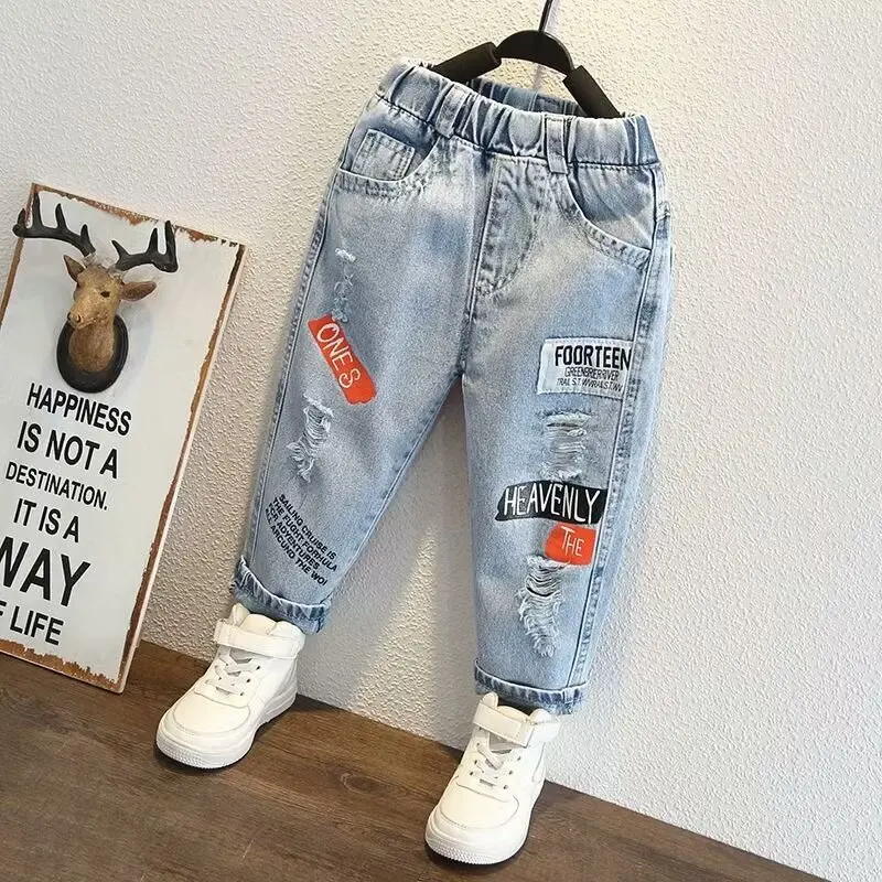 spring autumn Children Jeans Denim Ripped  Pants Boys Girls Jean Clothing Cotton trousers