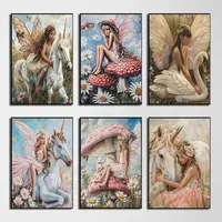 Fairycore Girl Pink Mushroom Unicorn Garden Wonderland Forest Poster Canvas Painting Wall Art Pictures Girl Room Home Decor