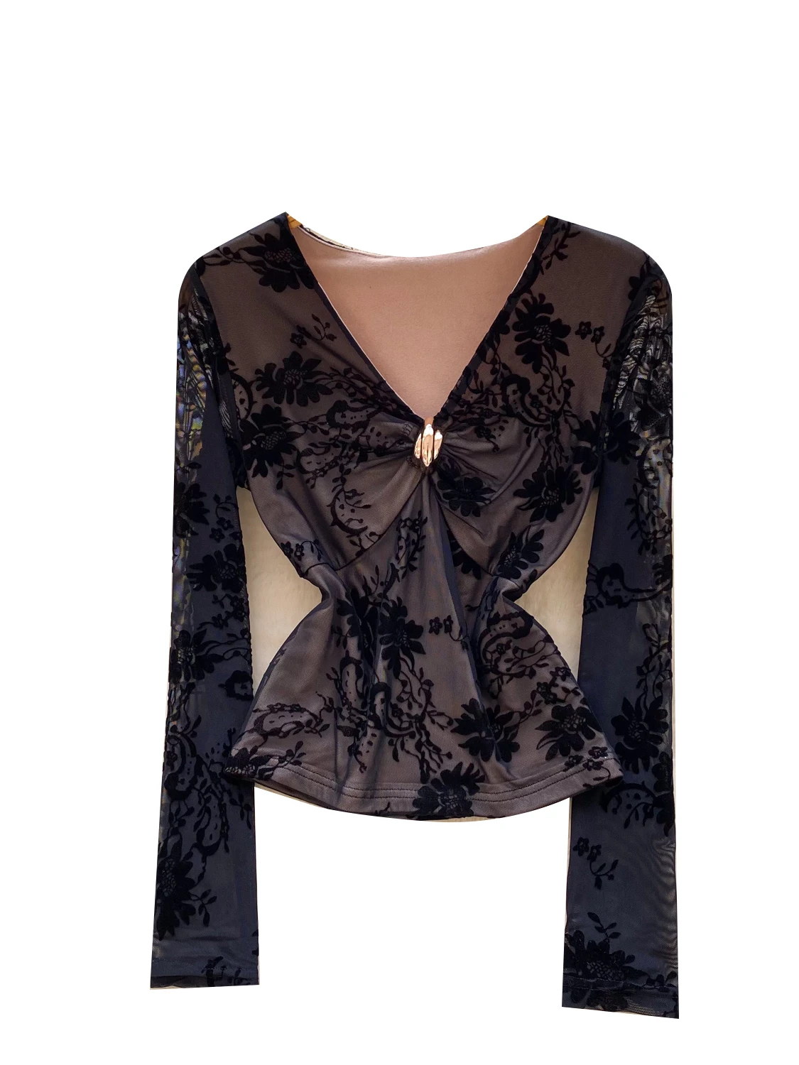 Retro V-Ne Long Sve Floing Me irt المرأة سليم صالح الراقية يشعر عقدة تصميم زر معدني قاعدة irt الكورية Sle... #5