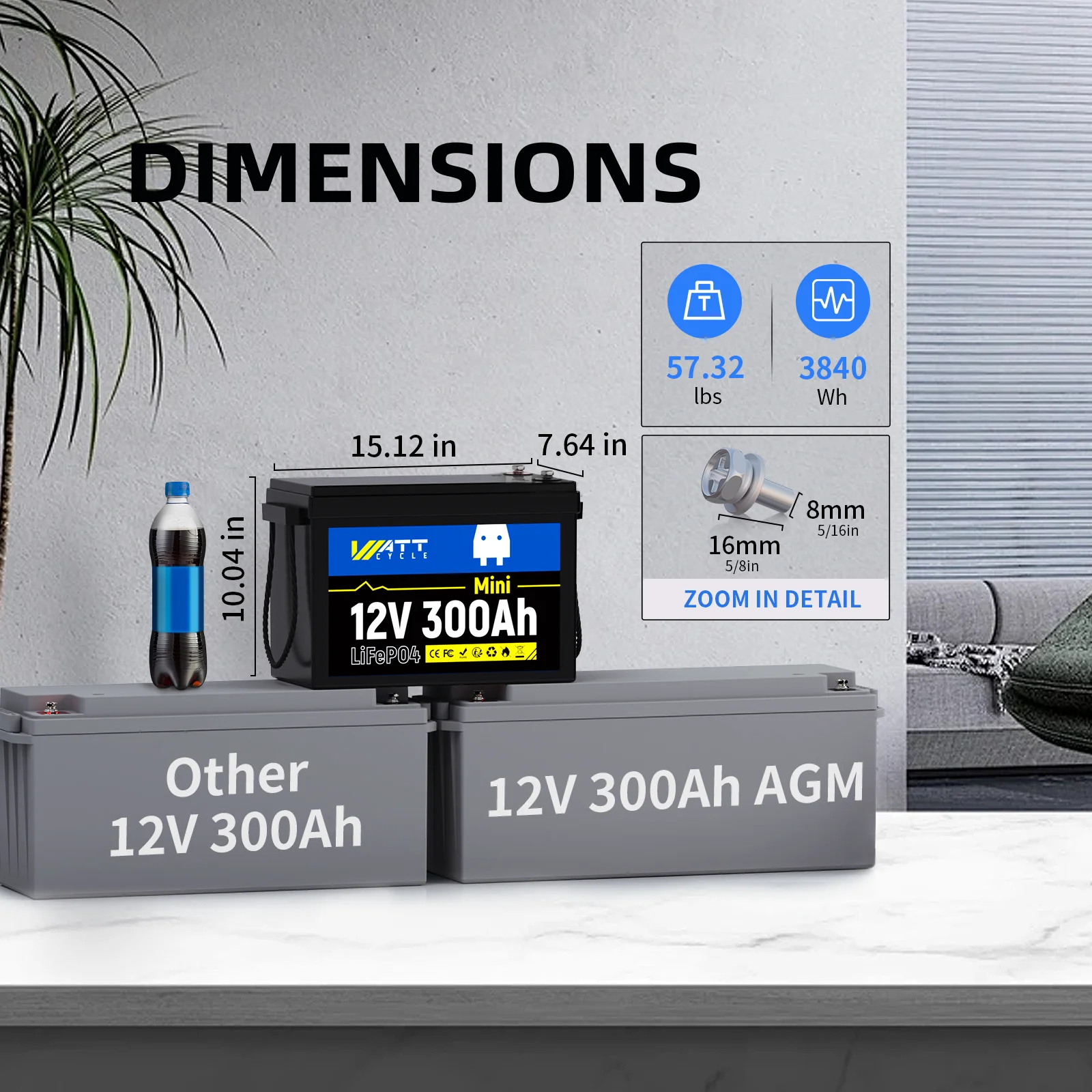 Wattcycle Lithium Iron Phosphate Battery 12V 280Ah Mini Grade A+ Cells 200A BMS For Outdoor / Home Power Supply LiFePO4 Battery