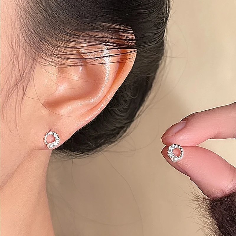 

925 Sterling Silver Geometric Charming Round Pearl Zircon Stud Earring for Women Fine Jewelry High Luxury Vintage Accessories