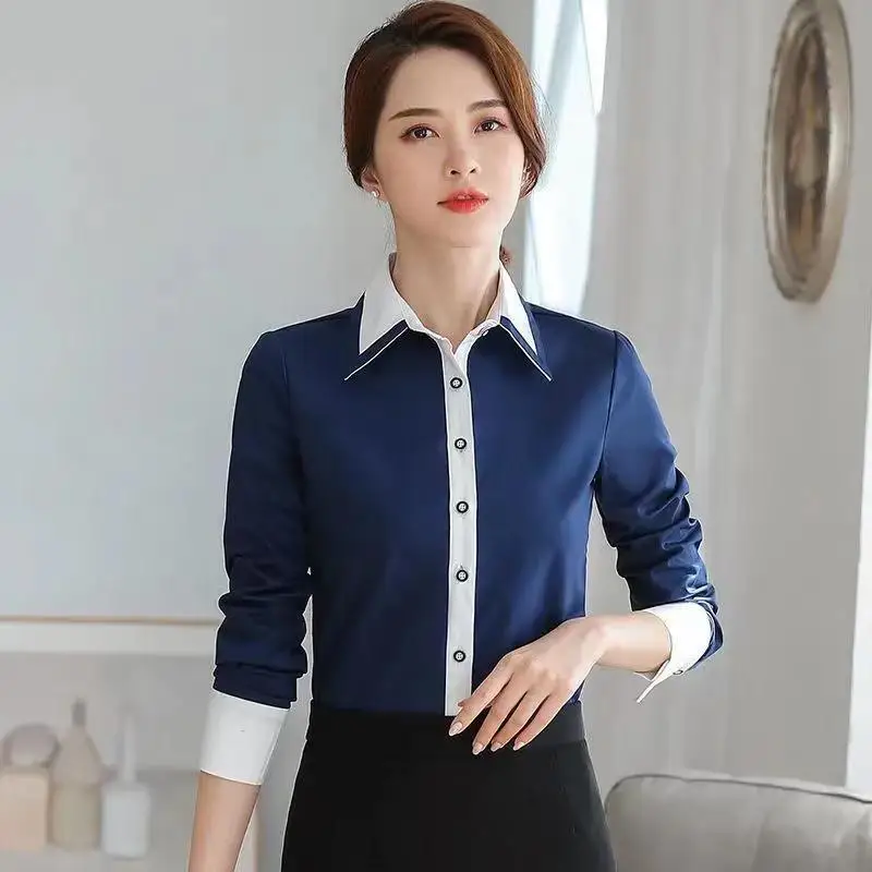 Temperament Blue and White Contrast Shirt Tops Spring Long Sleeve Polo Neck Slim All-match Blouse Fashion Elegant Women Clothes