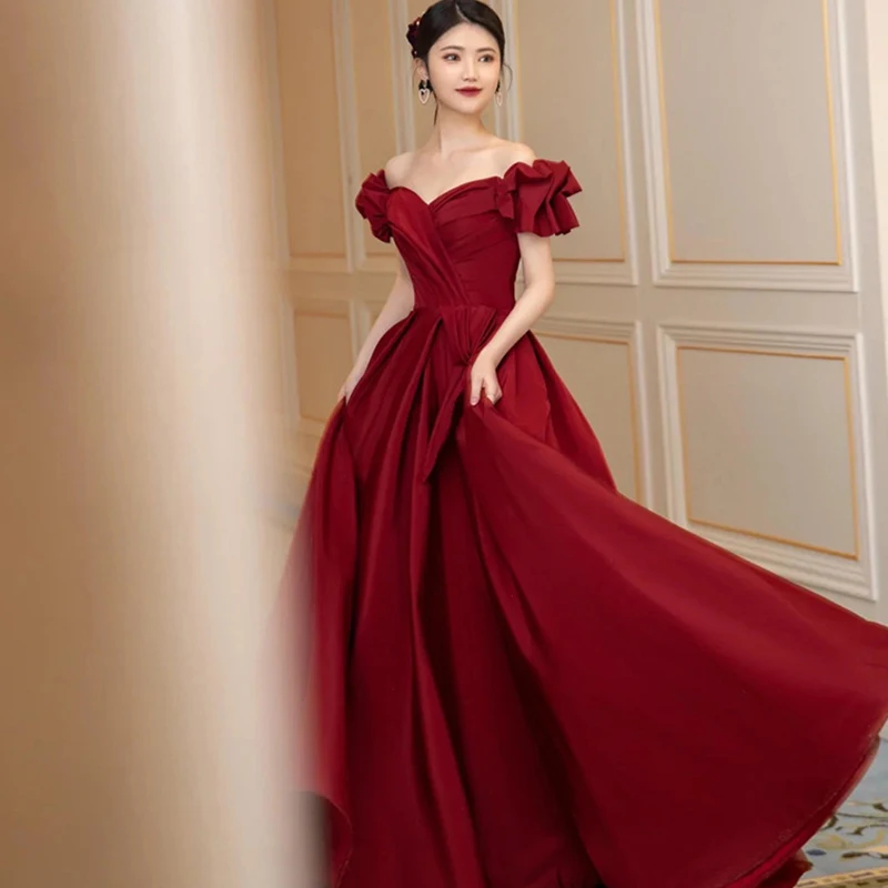 Satin Toast Dress Bride Wedding Burgundy Slash Neck Long Dress Bling Pearl Mesh Yarn Off Shoulder Ball Gown Dresses Vestidos