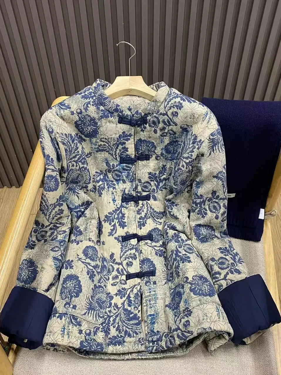 Ele Chinese Sle Printed Stand Collar Button up Cotton Jaet Women's Autumn Winter Faionable Commute Straight Cut Coat