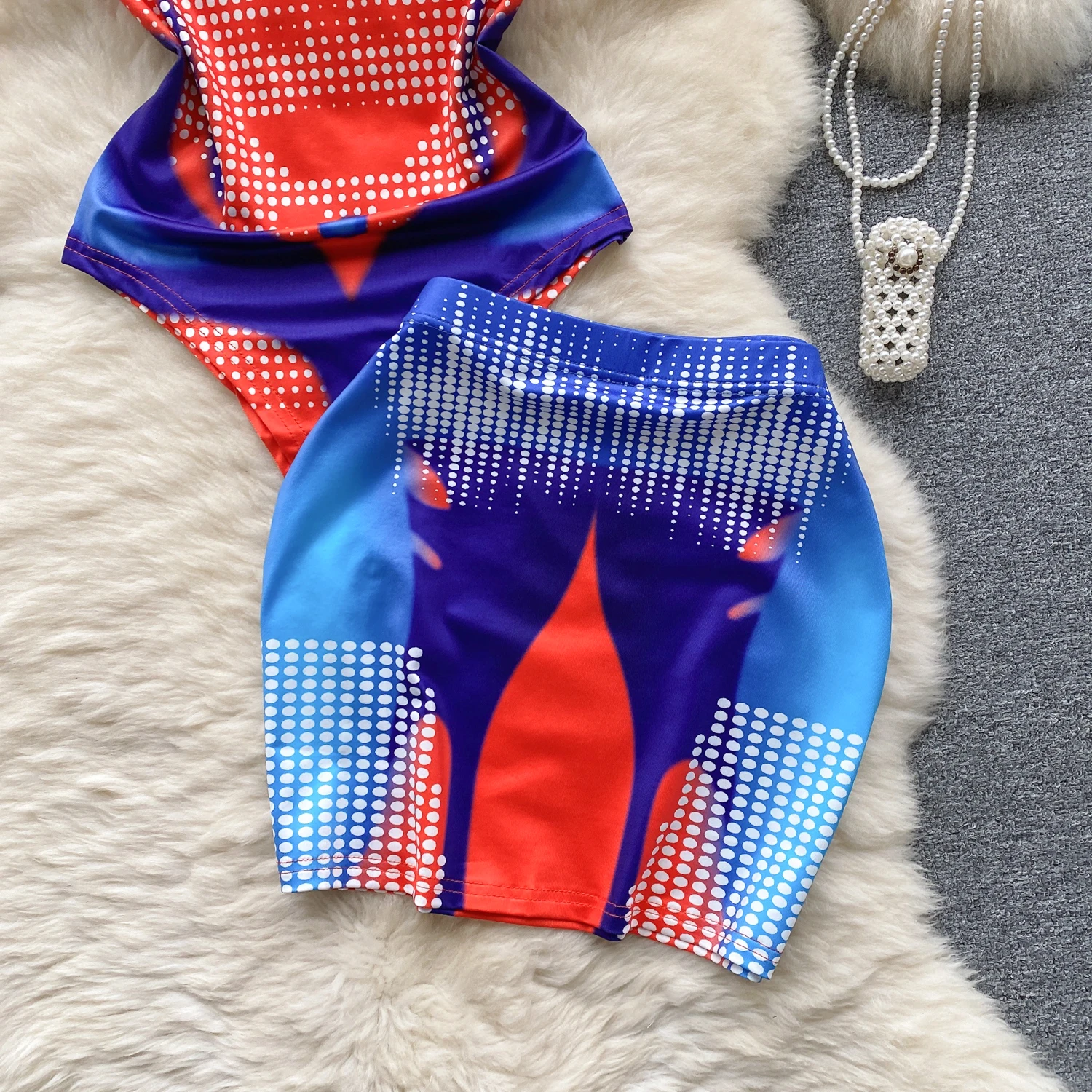 女性用ツーピースパッチワークプリントセット,半袖,ラウンドネック,伸縮性ウエスト,レトロファッション,y2k