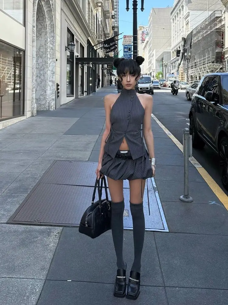 Y2K Vintage Striped Halter Neck 2 Piece Set Women Slim Fit High Waist Bubble Mini Skirt Suit Daily Streetwear Date Night Outfit image 5