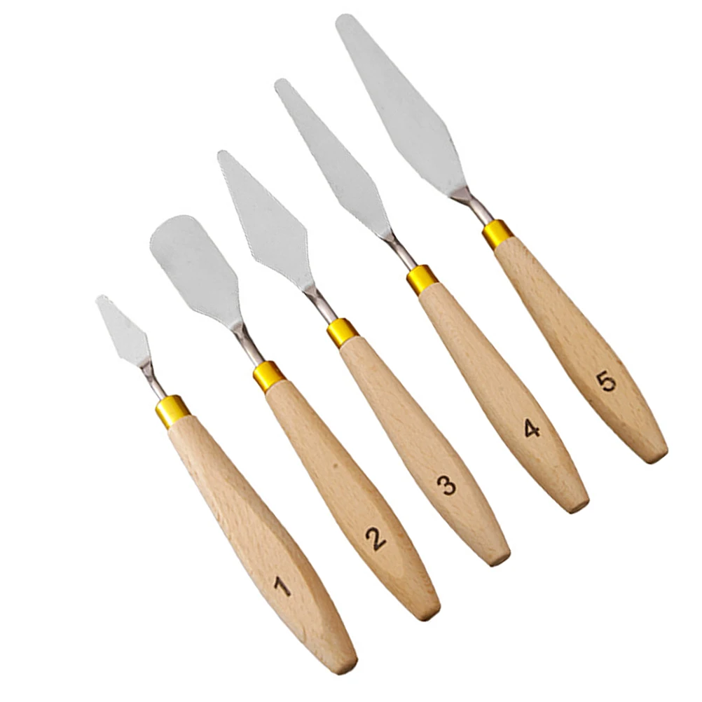 5Pcs Metal Painting Knives Set Stainless Steel Blades Wooden Handles Oil Paint Palette Tools for Art Class Canvas