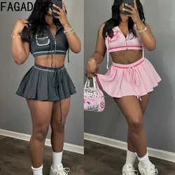 FAGADOER Summer New Sweet Print Hooded Two Piece Sets Women Zipper Sleeveless Crop Top And Mini Pleated Skirts Outfit Streetwear