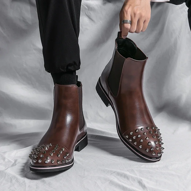 High Quality Vintage Italy Men Boots Pointed Mixed Rivets Ankle Boots Leather Elastic Side Design Chelsea Boots Shoes for Men