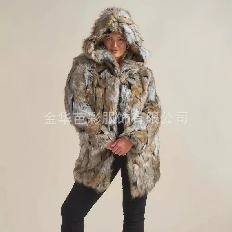 Women's Autumn/Winter Top Coat Faux Fur Hooded Patchwork Color Blocking Retro Comfortable Casual Design Fashion Niche Versatile