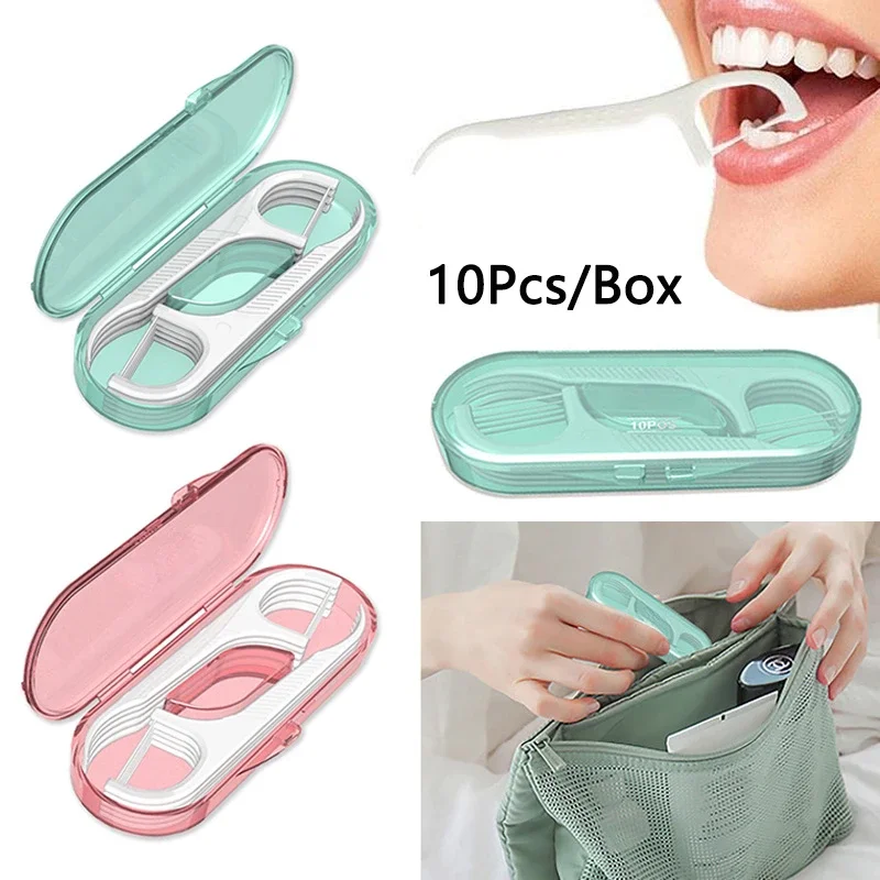 10 pçs/caixa portátil fio palito caixa palito de dente caixas de fio dental palito conjunto limpador de dentes com caixa de armazenamento reutilizável