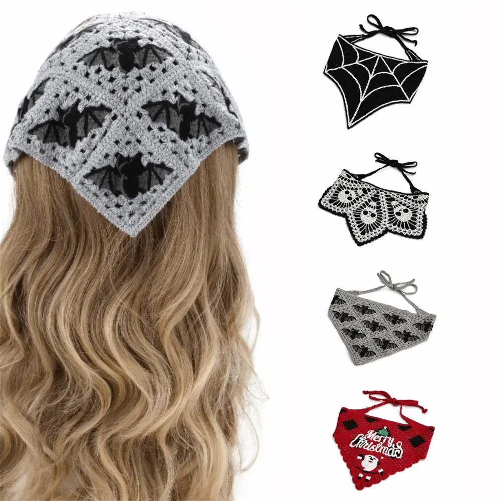 Knitted Halloween Headscarf Creative Pattern Cotton Skull Print Headscarf All Saints Day Style Hollow Out Design