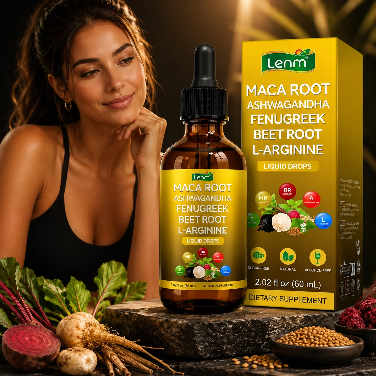 Lenm 10-in-1 Maca Root Liquid Drops - Ashwagandha L-Arginine Beetroot Fenugreek Energy Stamina & Vitality Support 60ml