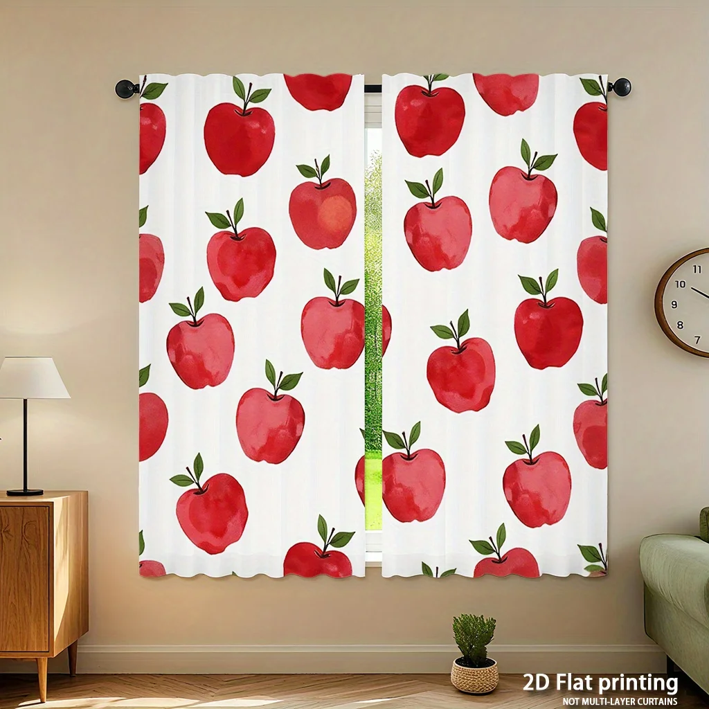 2pc Red Apple Curtains - with Green Leaves for Living Room, Bedroom, Living Room - Machine Washable Polyester