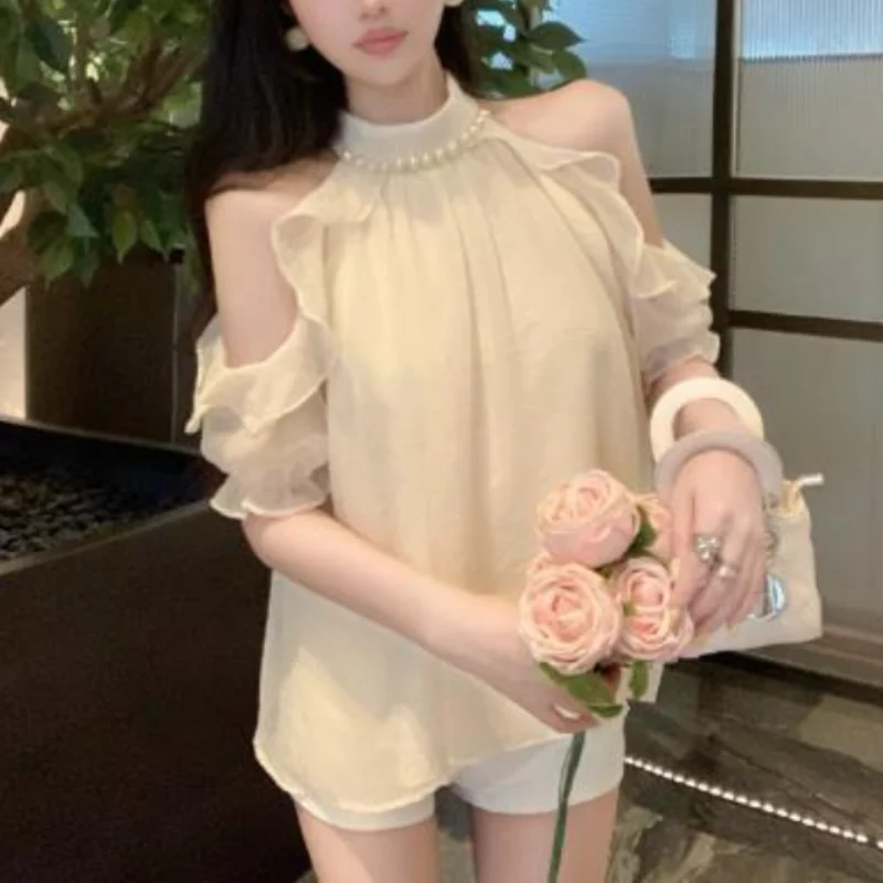 Summer New Commuter Casual Women\'s Clothing Fashion Ruffle Edge Simplicity Solid Color Round Neck Short Sleeve Pullover Shirt