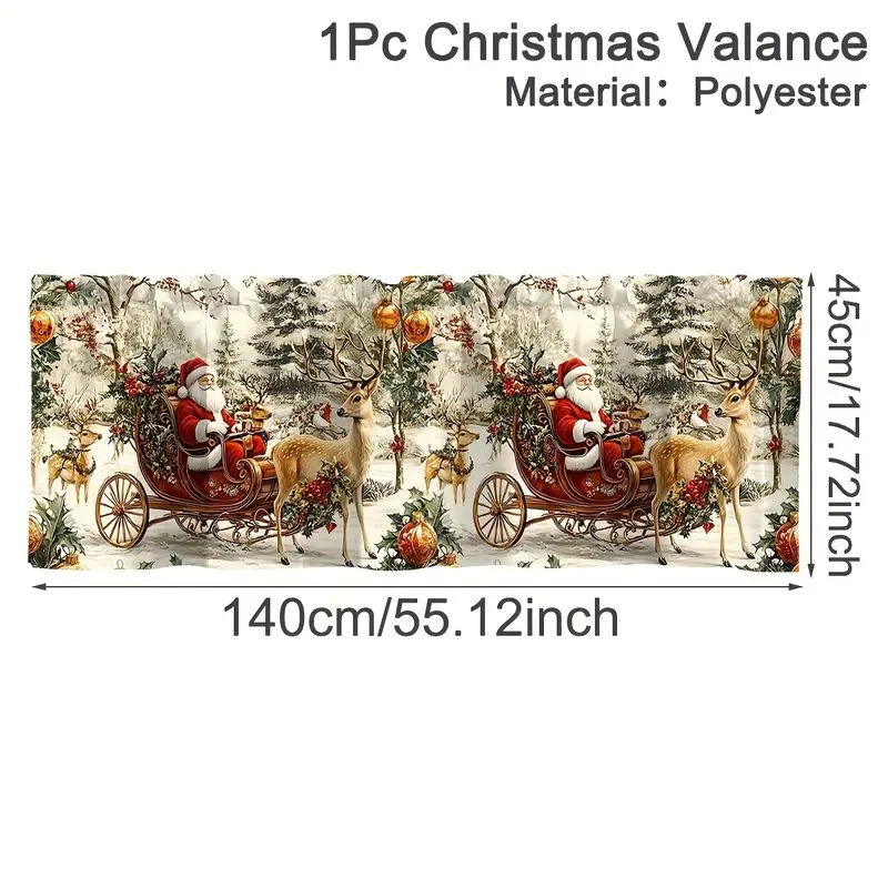 VIKAMA Christmas Window Valance Santa Sleigh Reindeer Holly Print Short Curtain Kitchen Window Holiday Festive Rod Pocket