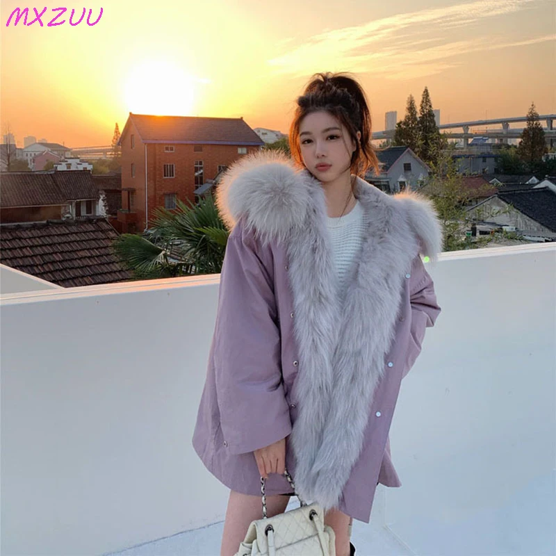 Coats Woman Winter 2022 New Warm Loose Korean Rex Rabbit Fur Liner Detachable Raccoon Dog Fur Collar Puffer Jacket Women Parkas