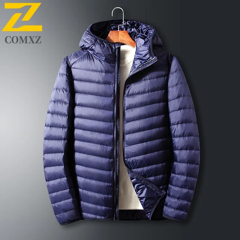 COMXZ Men's Down Jacket Short Trendy Lightweight Casual Skiing Puffer Jacket Street Versatile Solid Color Hooded Winter Jacket