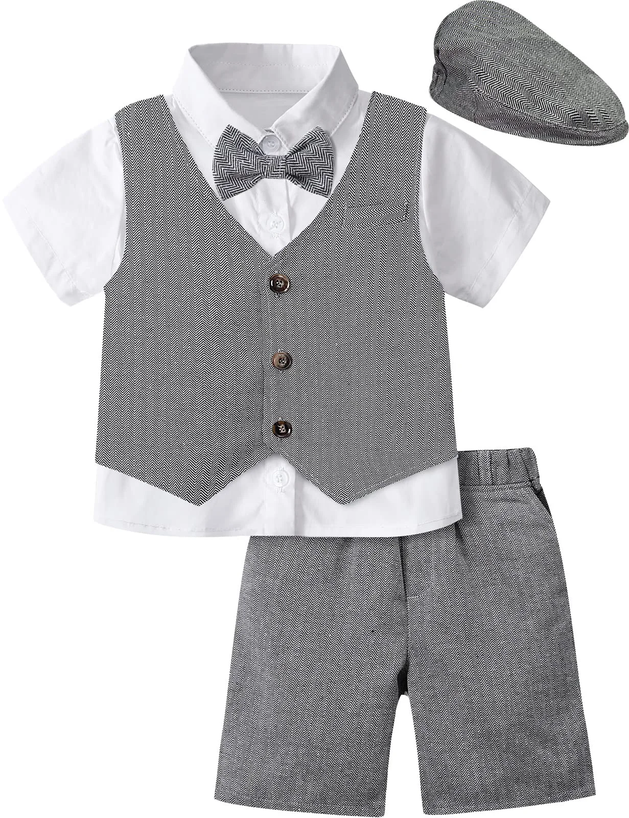 Kids Wedding Outfit Boy Birthday Suit Little Gentleman Clothes Toddler Formal Party Shorts Set with Beret Hat