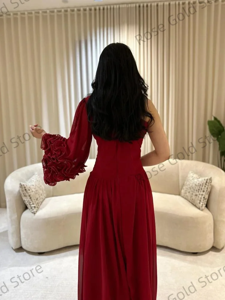 Customized Evening Dress for Arabic Women A Line One Shoulder Prom Gowns Chiffon Floor Length Ruffled Sleeve Vestido de Noche