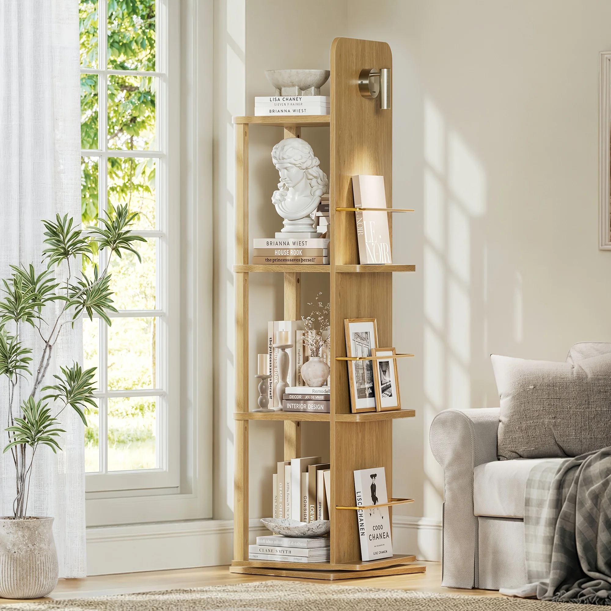 4-Tier Rotating Bookshelf Tower with 360° Spinning Shelves - Natural Oak Wood Freestanding Bookcase Suitable for Small Spaces