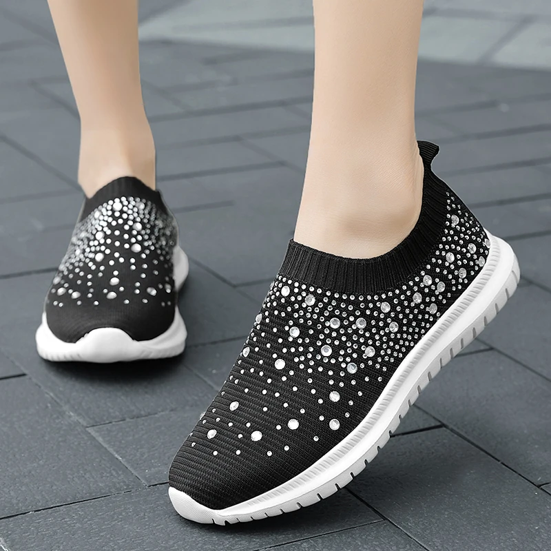 Women 2032 Summer Casual Rhinestone Shoes Ladies Vulcanized Shoes Bling Flat Loafers Slip On Sneaker Female Tenis Feminino