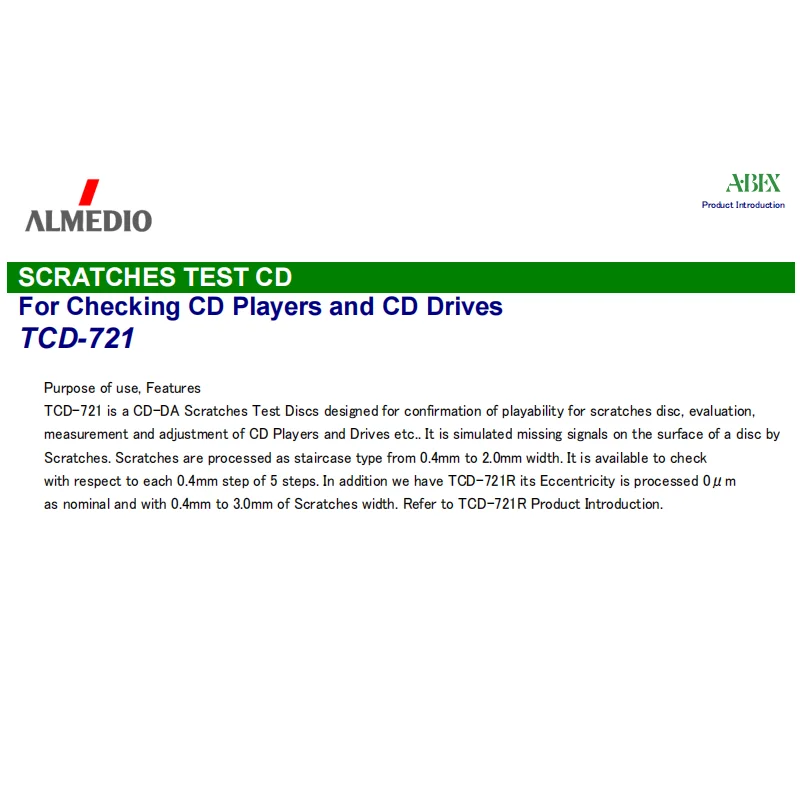 SCRATCHES TEST CD,TCD-721,For Checking CD Players and CD Drives,CD-DA Scratches Disc,0.4mm to 2.0mm width.