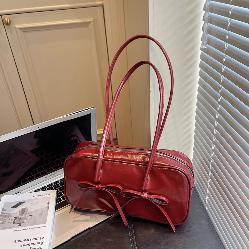 PU Solid Color Bow Zipper Satchels 2026 High Quality Temperament Bags Exquisite Designer Recommendations Fashion Shoulder Bags