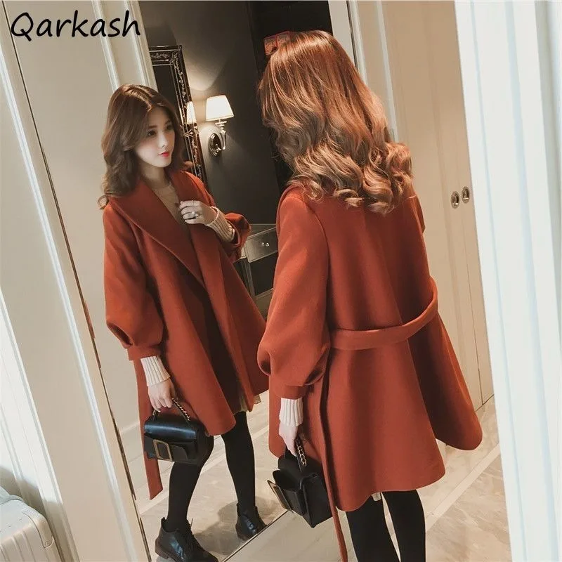 

Wool Coats Women Solid Color Long Lantern Sleeve Loose Blends Korean Style V-neck Lace-up Cardigan Thicker Autumn and Winter