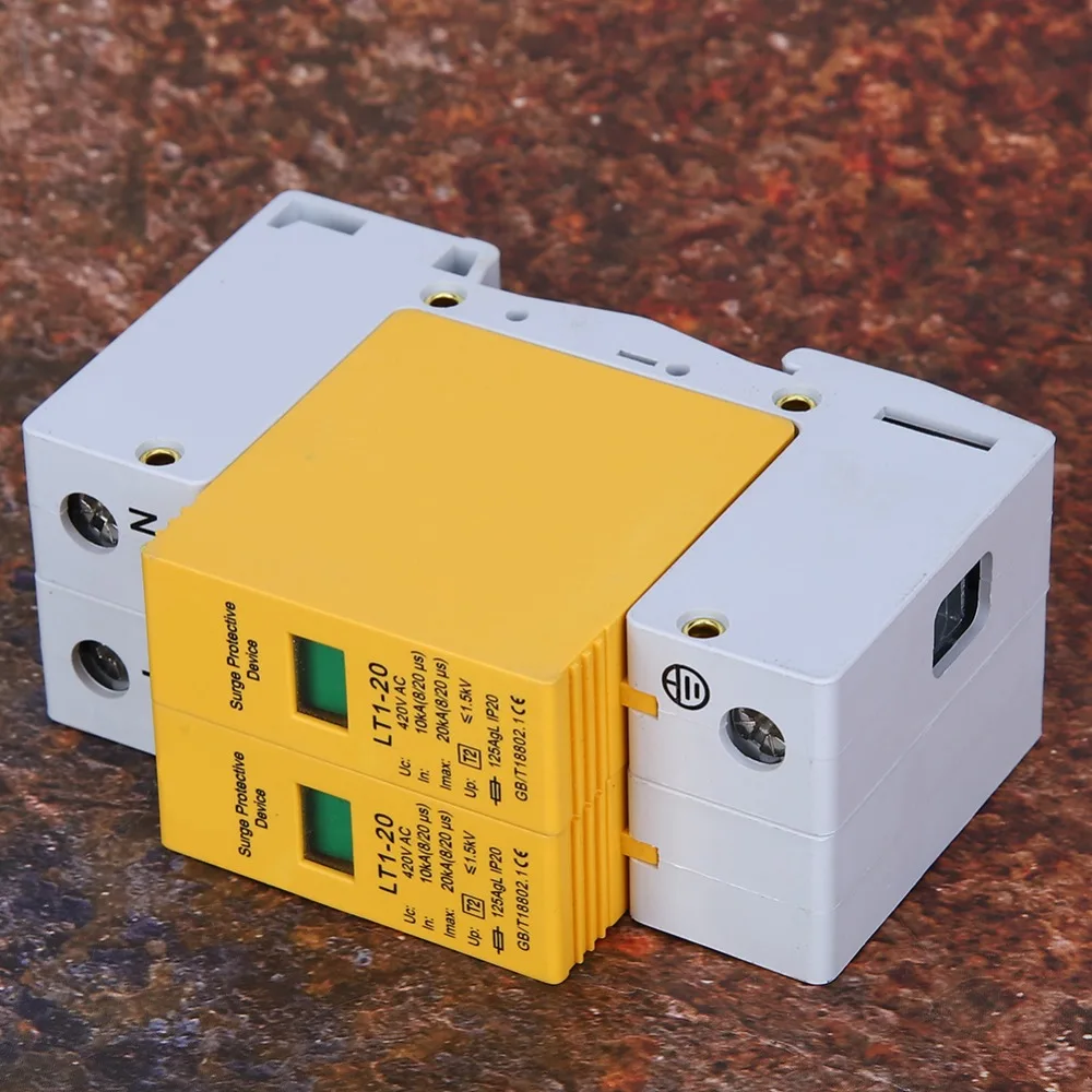 420V AC Protective Device 2P 20KA Yellow Module Low Voltage Arrester Lightning Protector Telephone Protector