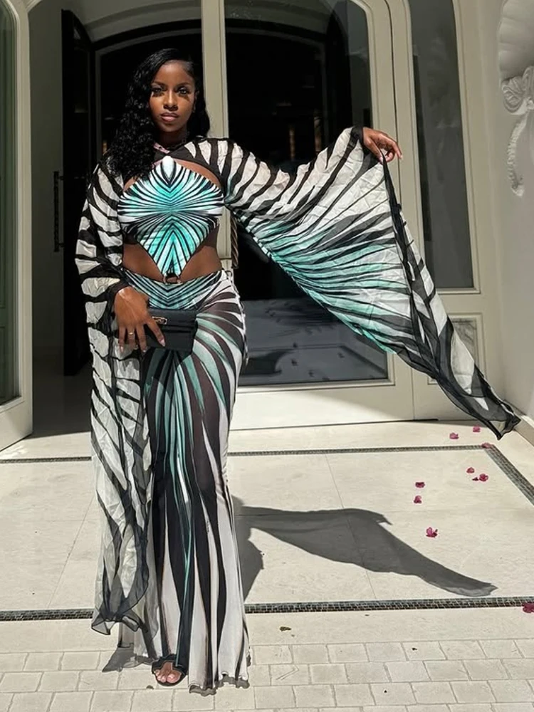 

Красочный комплект из 2 предметов Macheda, женский сетчатый лоскутный боди на шнуровке с рукавами «летучая мышь» + юбка с высоким разрезом, модный костюм