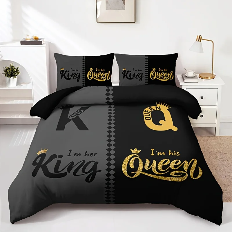 Black Grey Crown Lettering Duvet Cover Set (1 Duvet Cover+2 Pillowcases) High Definition Printing For Home Dorm Decor Comforter