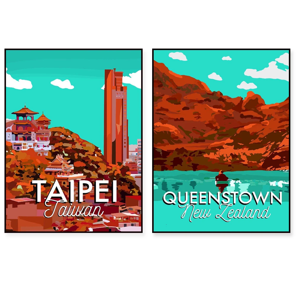 Taiwan, Caribbean, Enos Aires, Krakow Poland, Ireland, Queenstown New Zealand, Barbados Caribbean, Dubai, Maldives travel poster
