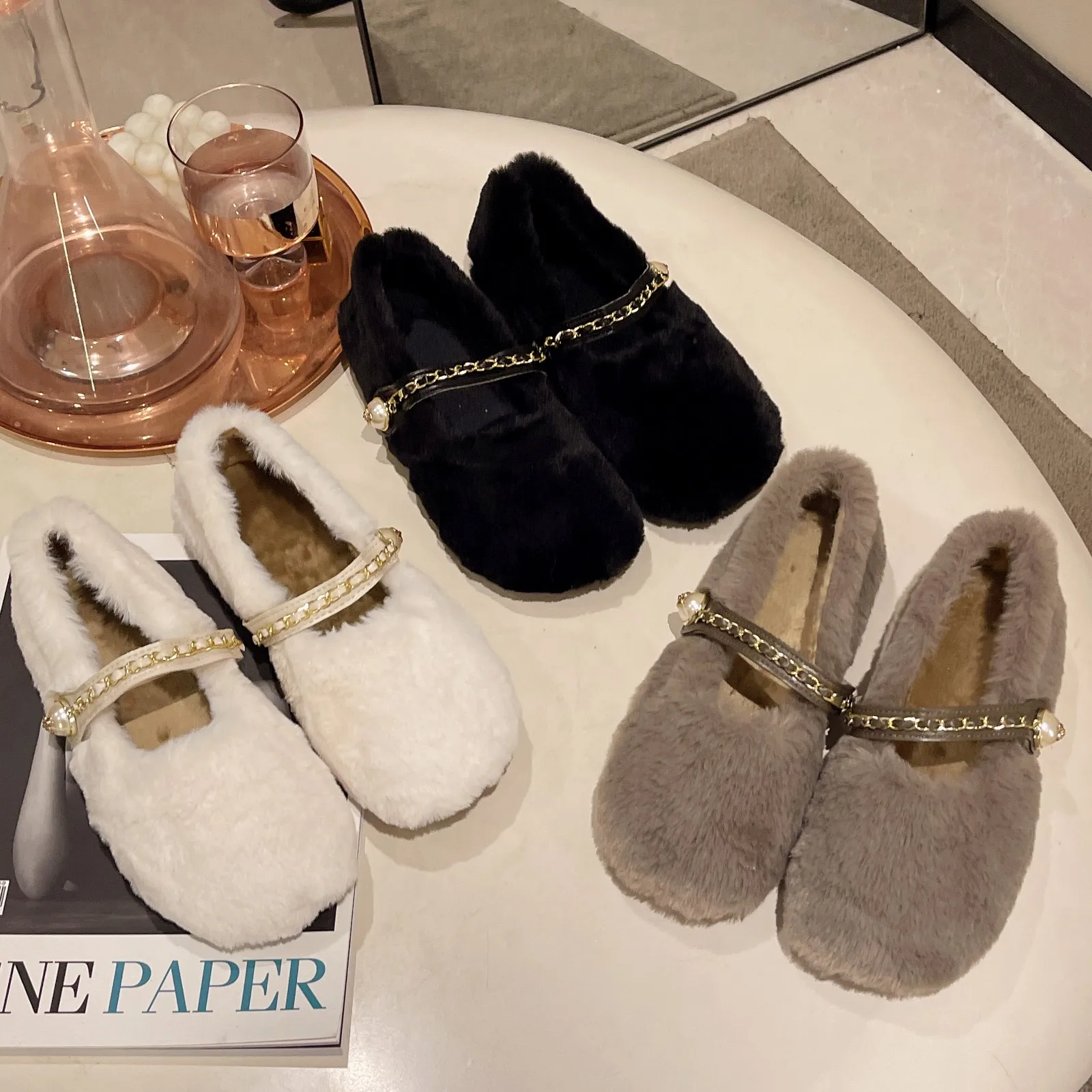 

Designer Spring Autumn Women Warm Fur Shoes Fashion Shallow Slip On Ladies Flats Shoes Round Toe Women's Mary Jane Shoes
