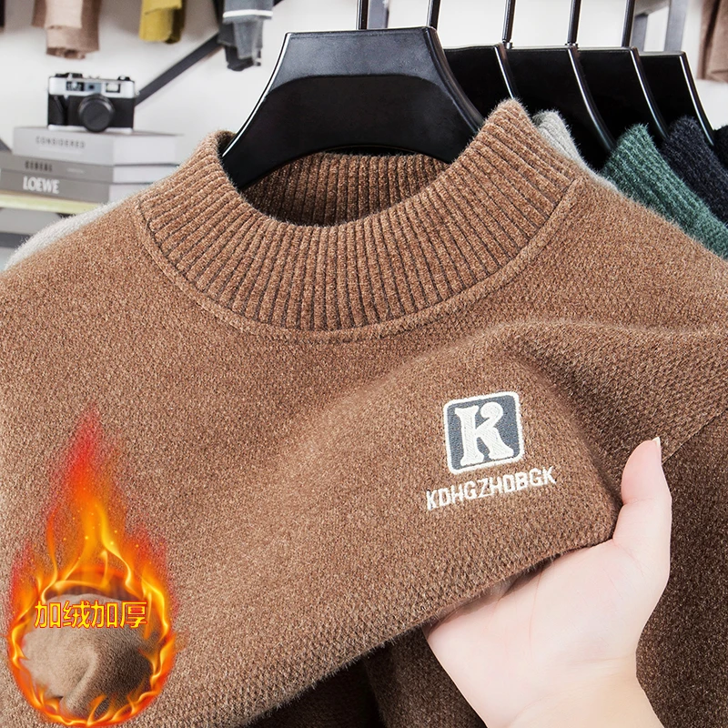 

Мужской флисовый утолщенный свитер с высоким воротником, зимний трикотаж с мехом снежной лисы, шерстяной свитер, цельный флисовый топ