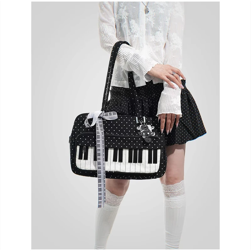 Polka Dot Piano Key Umhängetasche, große Handtasche in Kontrastfarbe, Y2k JK Mädchen-Aktentasche, Damen Wave Point Bowling-Einkaufstasche – Detail 26