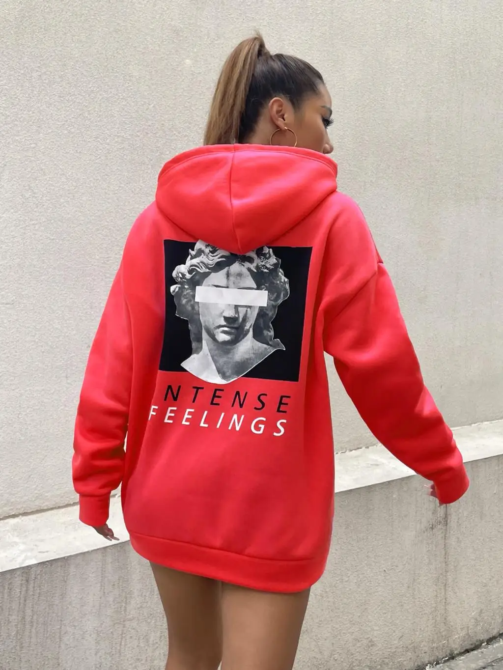Intense Feelings Creative Sculpture Printing Hoody Women Personality Street Style Sweatshirt Fashion Warm Hooded Casual New Top