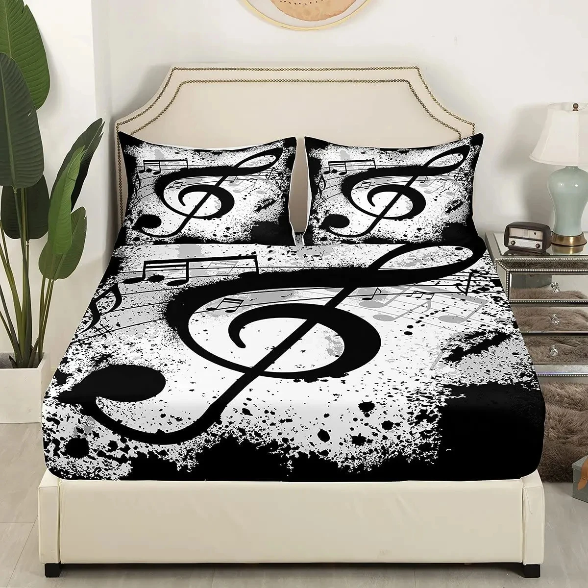 Music Notes Fitted Sheet & Pillow Sham Set Rock Music Themed Bedding Set Musical Pattern Bed Sheet Set Grunge Design Bed Cover