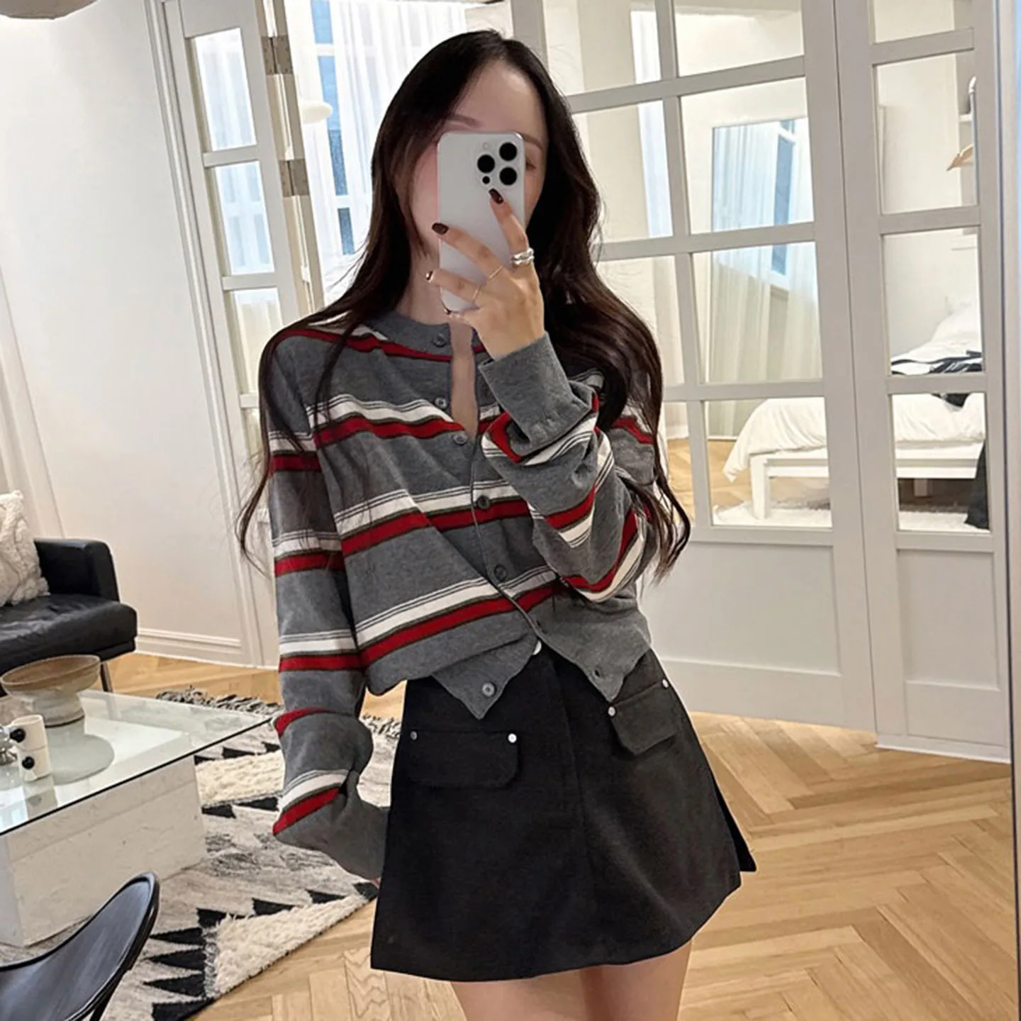 New 26S Knitted Stripe Color Block Versatile Open Cardigan Women's Fashion Autumn Coolmax Fiber Acrylic Outerwear Coat