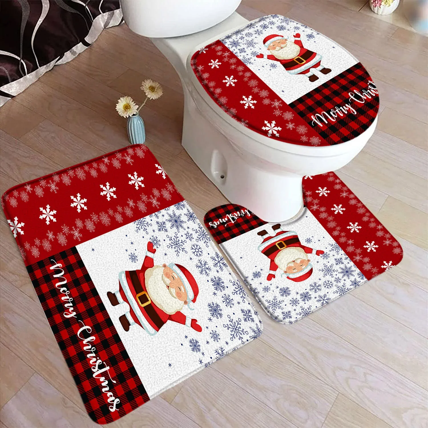 3 pieces Merry Christmas Bath Mat Set Xmas Tree Red Winter New Year Toilet Lid Cover Foot Rug Non-slip Bathroom Accessory Set